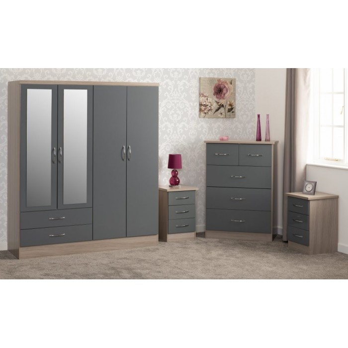 Nevada 4 Door 2 Drawer Wardrobe Bedroom Set - Grey Gloss/Oak