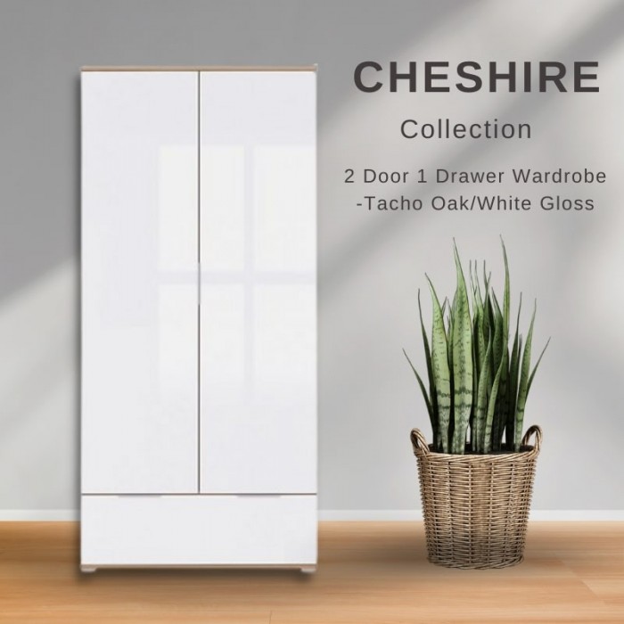 Cheshire 2 Door 1 Drawer Wardrobe - Tacho Oak/White Gloss