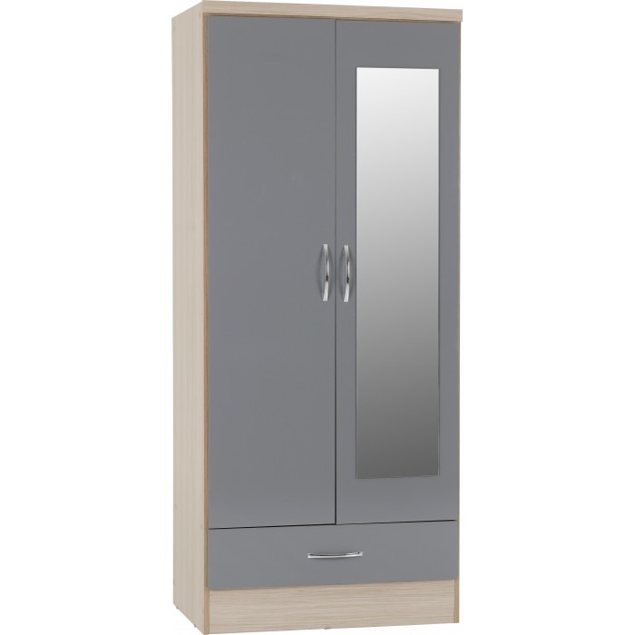 Nevada 2 Door Mirrored Wardrobe - Grey Gloss/Light Oak