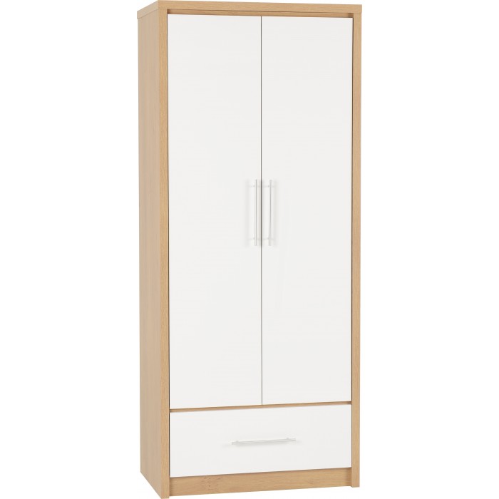 Seville 2 Door 1 Drawer Wardrobe - White Gloss/Light Oak