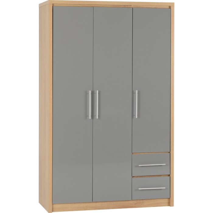 Seville 3 Door 2 Drawer Wardrobe - Grey Gloss/Light Oak