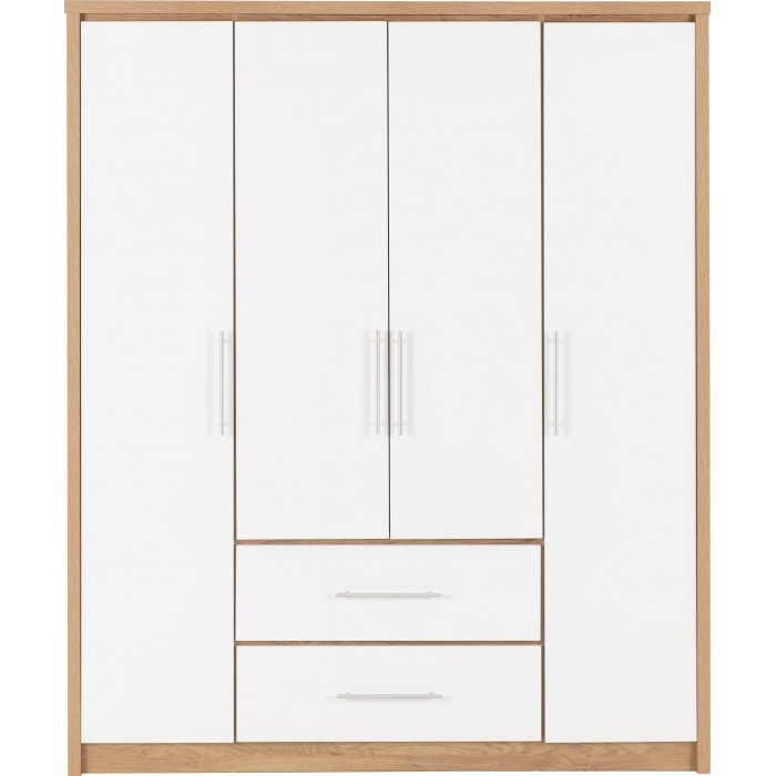 Seville 4 Door 2 Drawer Wardrobe - White Gloss/Light Oak