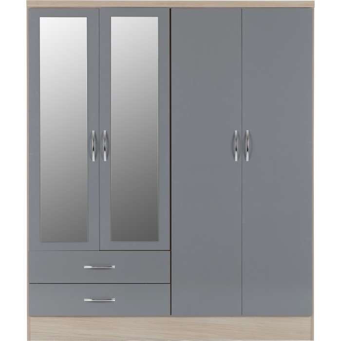 Nevada 4 Door 2 Drawer Wardrobe - Grey Gloss/Light Oak