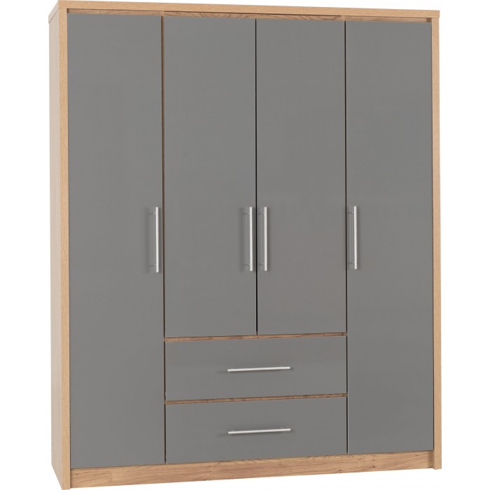 Seville 4 Door 2 Drawer Wardrobe - Grey Gloss/Light Oak