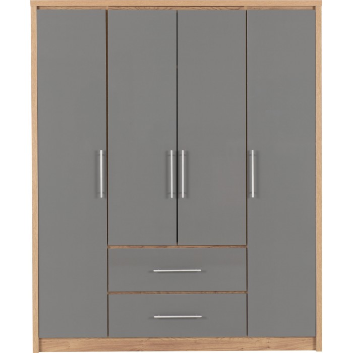 Seville 4 Door 2 Drawer Wardrobe - Grey Gloss/Light Oak