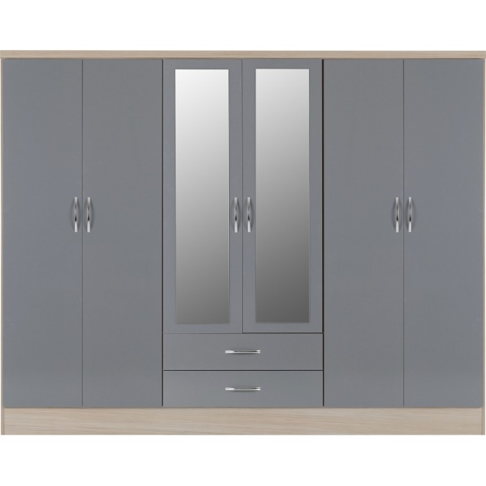 Nevada 6 Door 2 Drawer Wardrobe - Grey Gloss/Light Oak