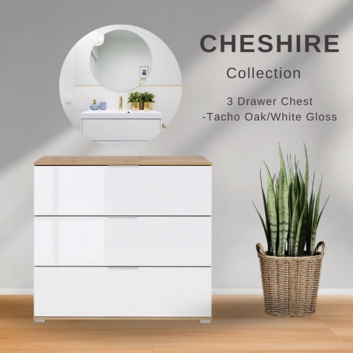 Cheshire 3 Drawer Chest - Tacho Oak/White Gloss